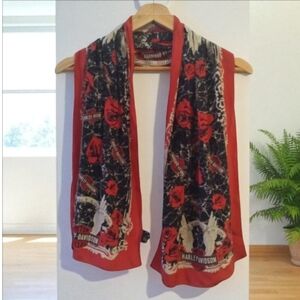 Harley Davidson 100% Silk Red and Black Roses Hand Rolled Scarf